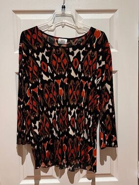 Jostar Abstract Tribal Ikat Print Knit Top 3/4 Sleeve Side Slits XL